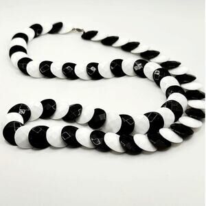 Black White Mod Disc Statement Necklace Long Retro Geometric 18” Drop